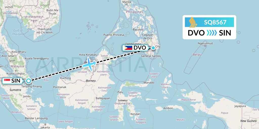 SQ8567 Singapore Airlines Flight Map: Davao City to Singapore