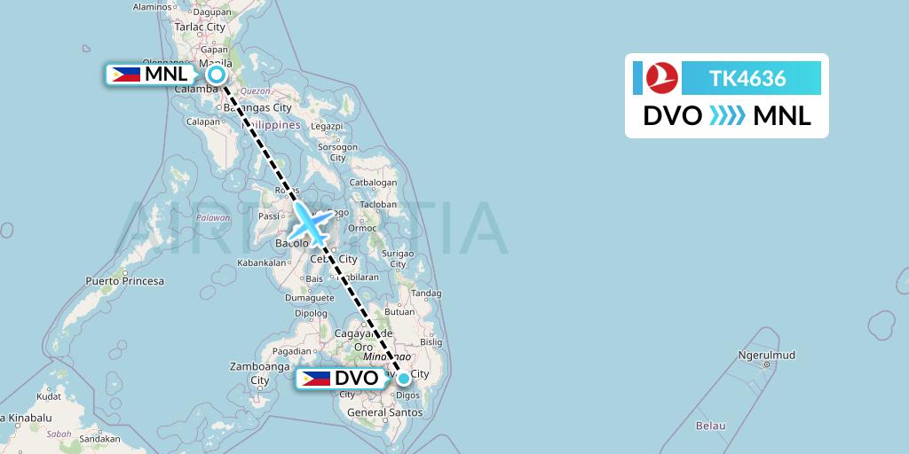 TK4636 Turkish Airlines Flight Map: Davao City to Manila