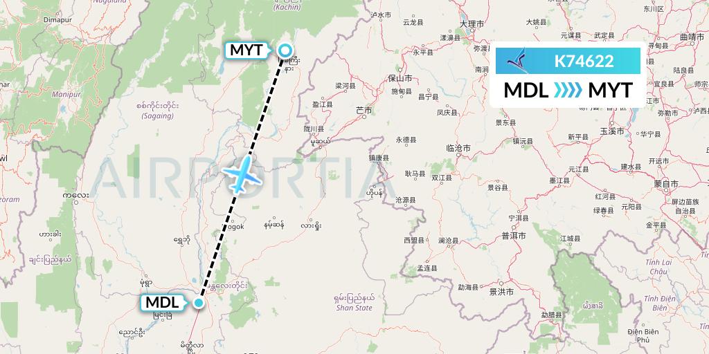K74622 Air KBZ Flight Map: Mandalay to Myitkyina