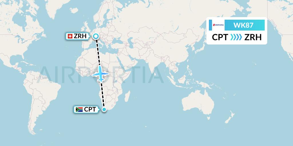 WK87 Edelweiss Air Flight Map: Cape Town to Zurich