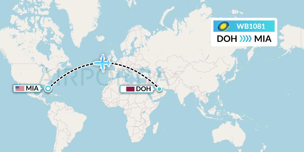 WB1081 RwandAir Flight Map: Doha to Miami