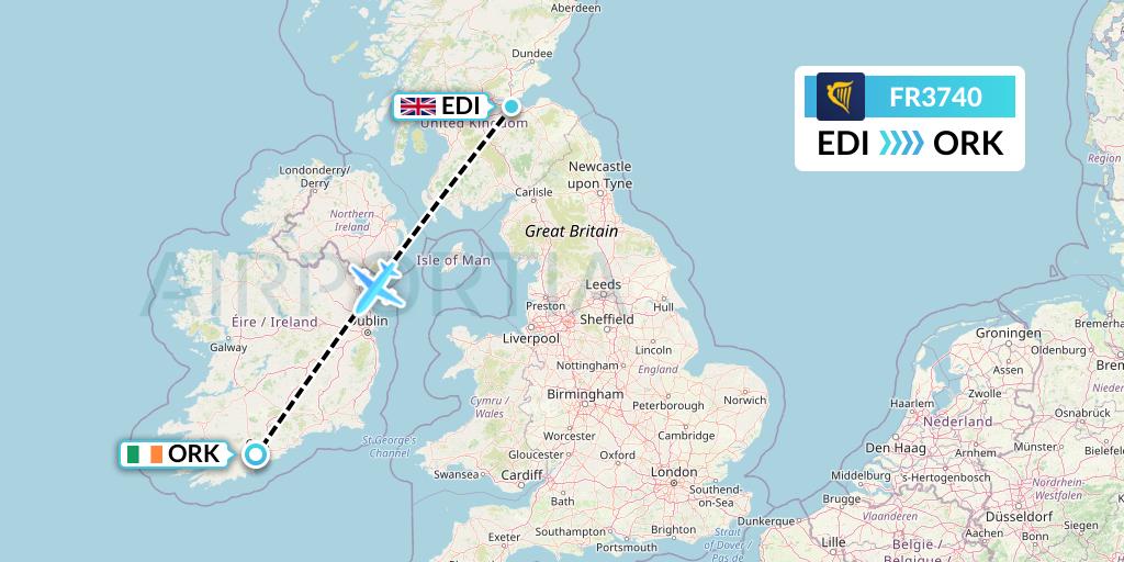 FR3740 Ryanair Flight Map: Edinburgh to Cork