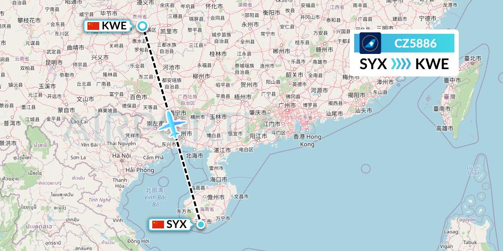 CZ5886 China Southern Airlines Flight Map: Sanya to Guiyang