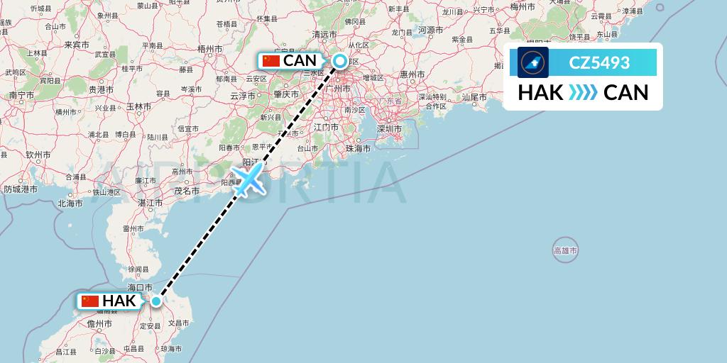 CZ5493 China Southern Airlines Flight Map: Haikou to Guangzhou