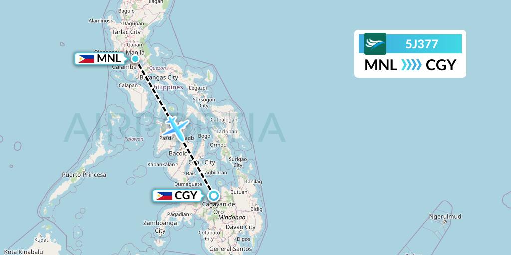 5J377 CEBU Pacific Air Flight Map: Manila to Cagayan de Oro