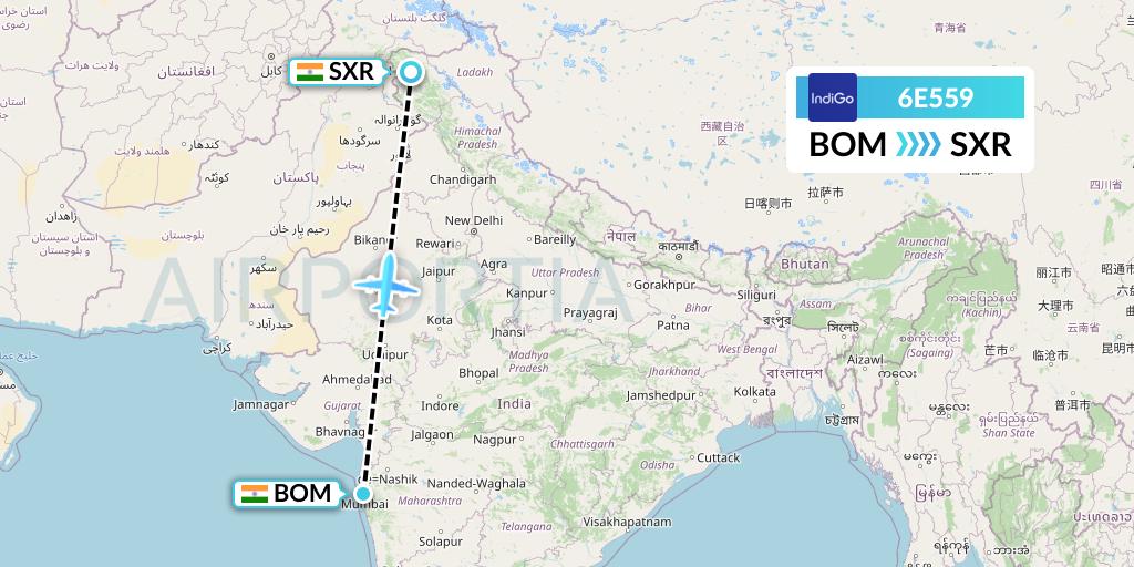 6E559 IndiGo Airlines Flight Map: Mumbai to Srinagar
