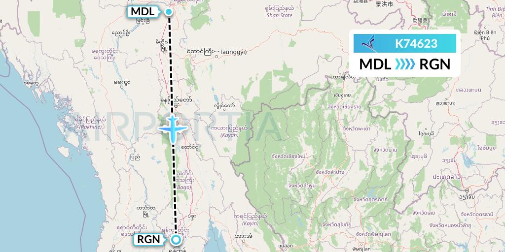 K74623 Air KBZ Flight Map: Mandalay to Yangon