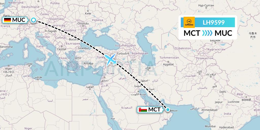 LH9599 Lufthansa Flight Map: Muscat to Munich