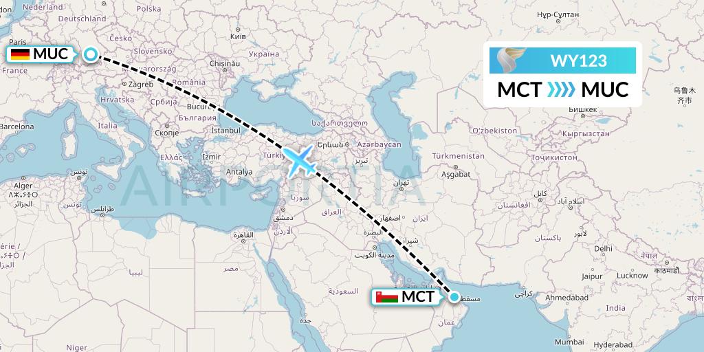 WY123 Oman Air Flight Map: Muscat to Munich