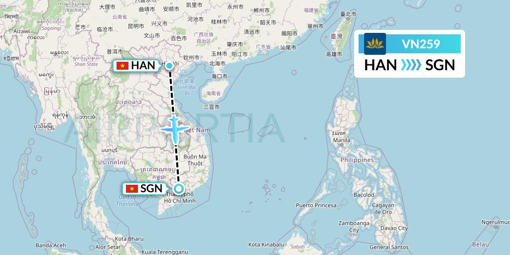 VN259 Vietnam Airlines Flight Map: Hanoi to Ho Chi Minh City