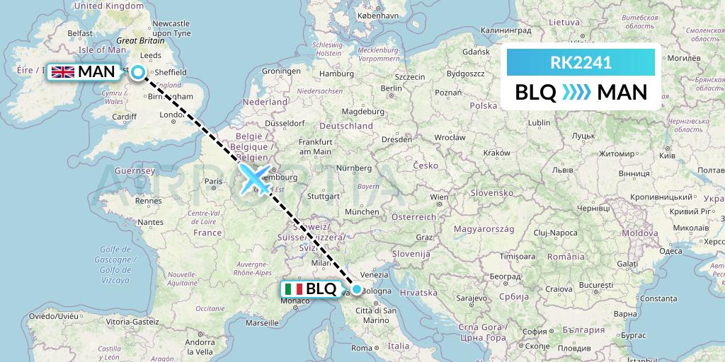 RK2241 Ryanair UK Flight Map: Bologna to Manchester