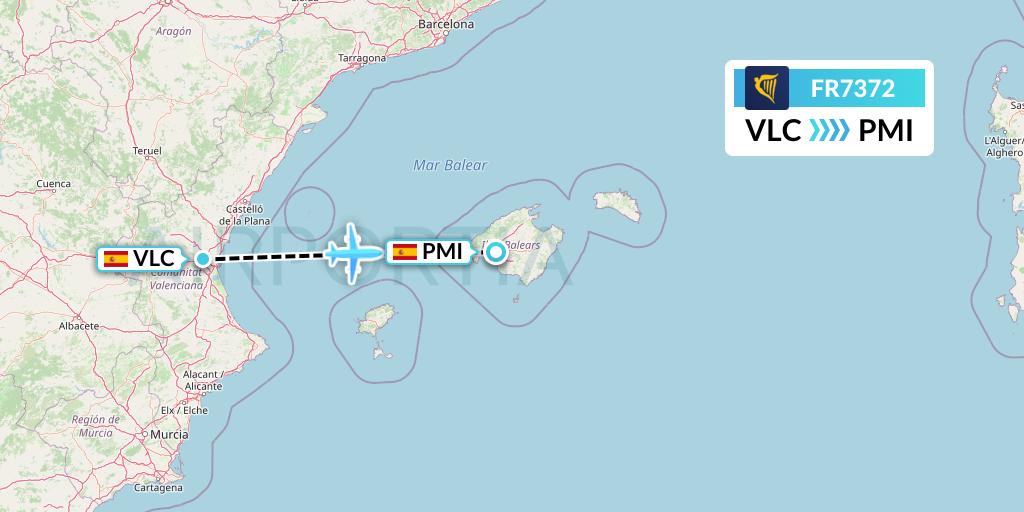 FR7372 Ryanair Flight Map: Valencia to Palma de Mallorca
