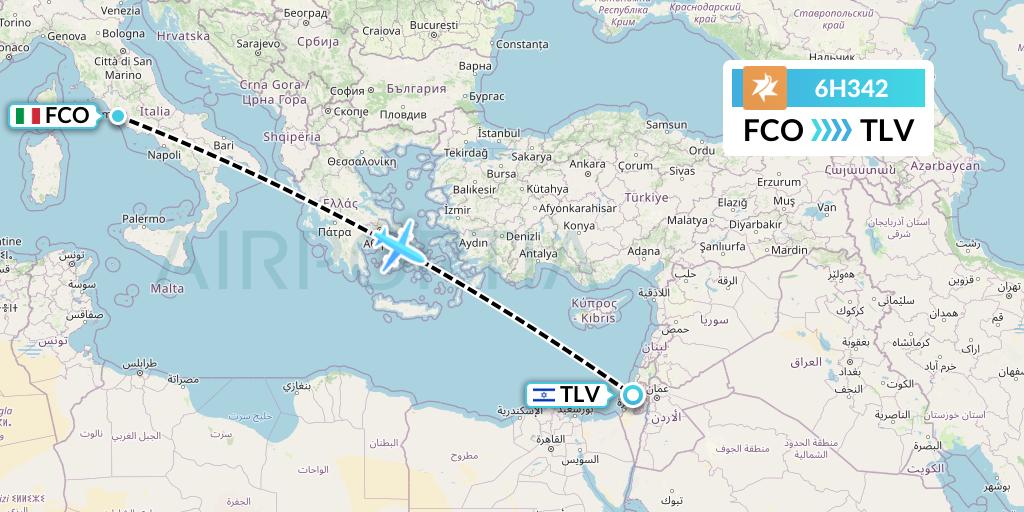 6H342 Israir Airlines Flight Map: Rome to Tel Aviv