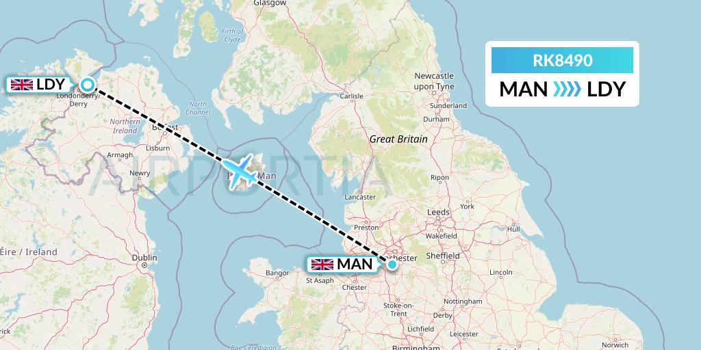 RK8490 Ryanair UK Flight Map: Manchester to Londonderry