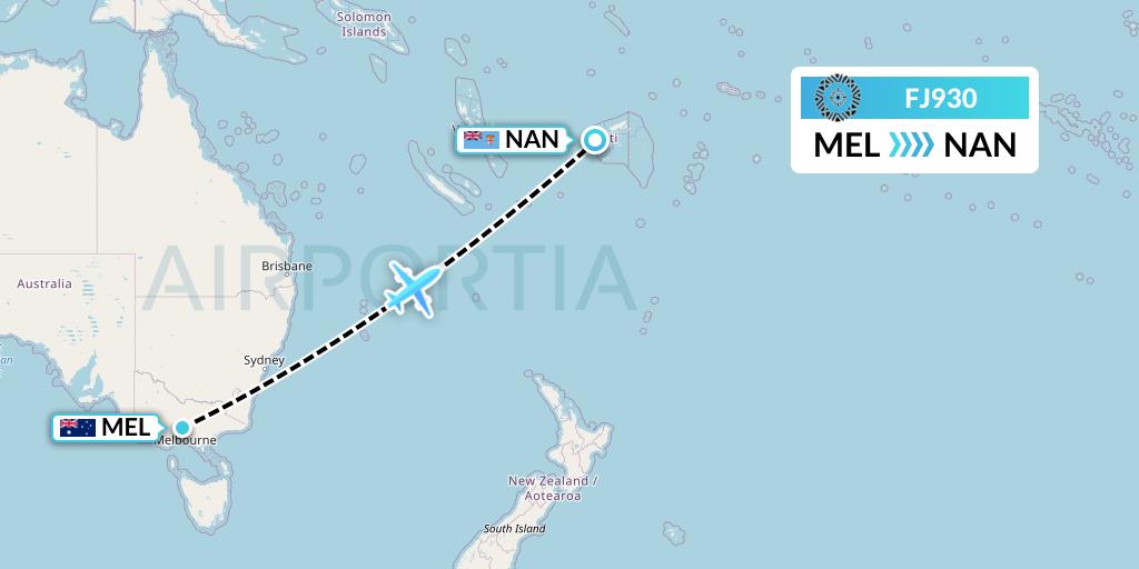FJ930 Fiji Airways Flight Map: Melbourne to Nadi