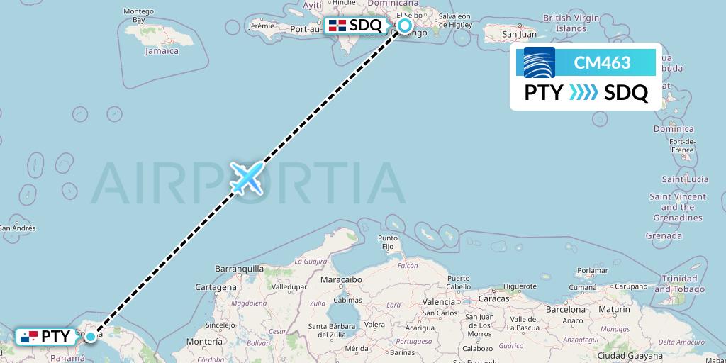 CM463 Copa Airlines Flight Map: Panama City to Santo Domingo