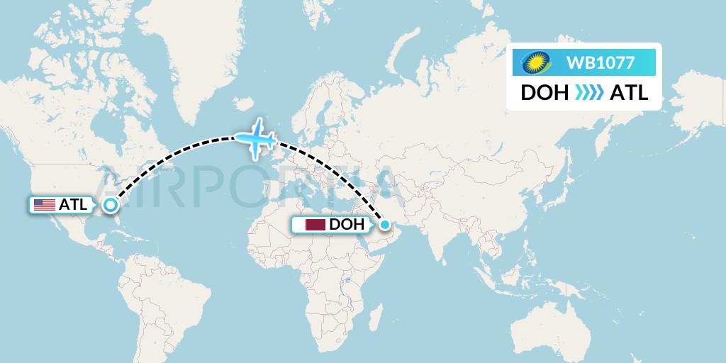 WB1077 RwandAir Flight Map: Doha to Atlanta