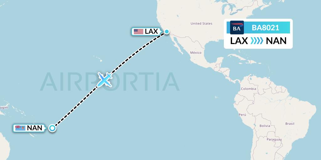 BA8021 British Airways Flight Map: Los Angeles to Nadi