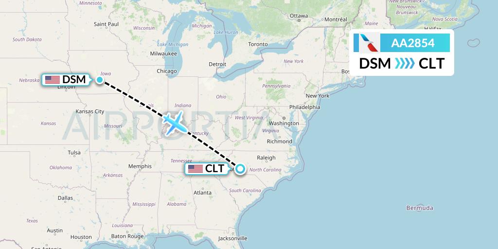 AA2854 American Airlines Flight Map: Des Moines to Charlotte