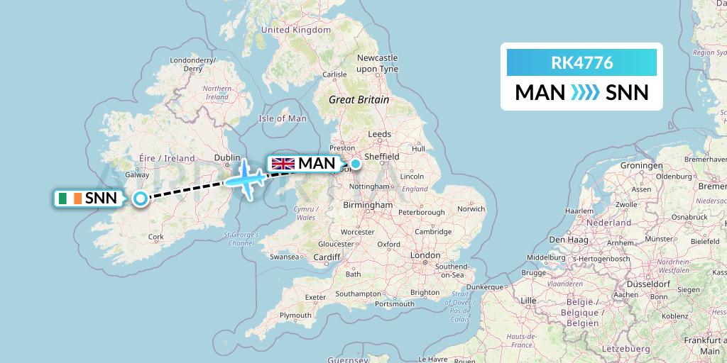 RK4776 Ryanair UK Flight Map: Manchester to Shannon