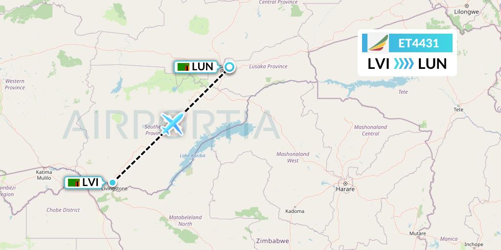 ET4431 Ethiopian Airlines Flight Map: Livingstone to Lusaka