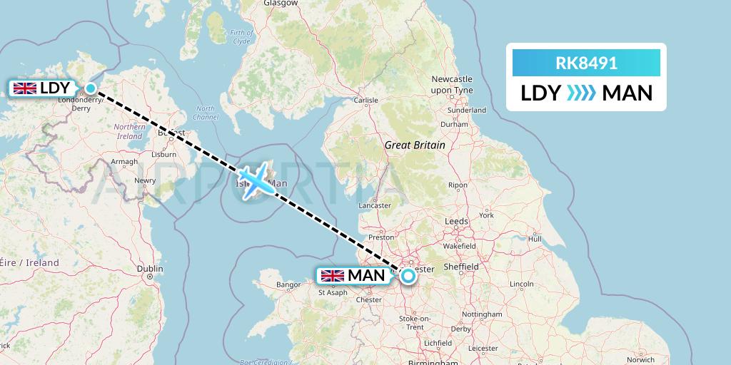 RK8491 Ryanair UK Flight Map: Londonderry to Manchester