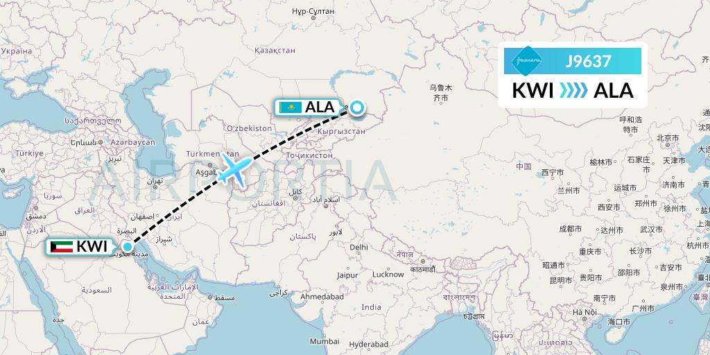 J9637 Jazeera Airways Flight Map: Kuwait City to Almaty