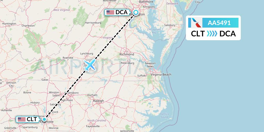 AA5491 American Airlines Flight Map: Charlotte to Washington