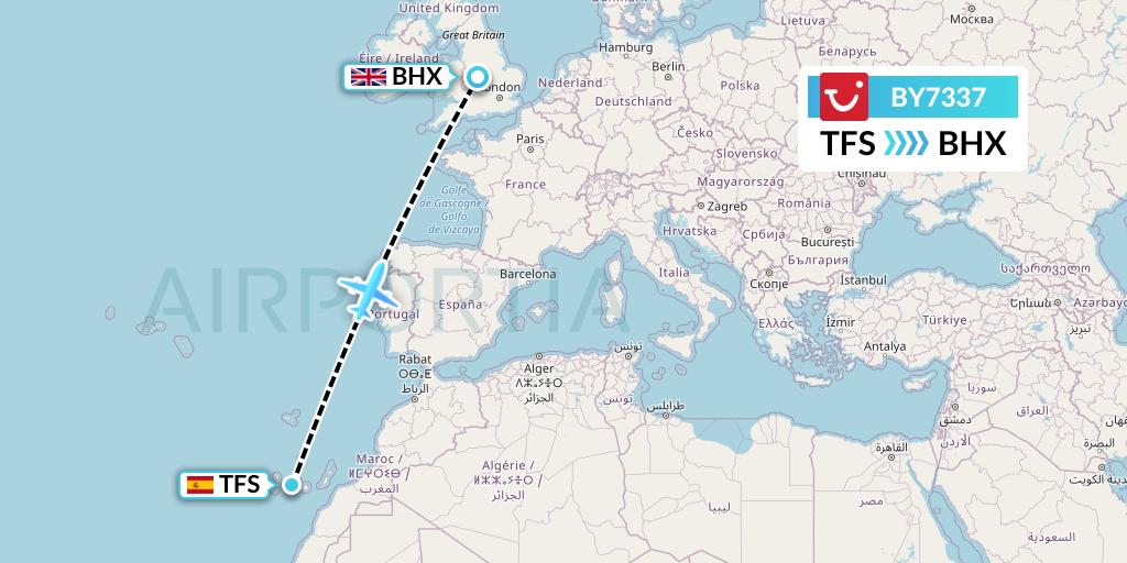 BY7337 TUI Airways Flight Map: Tenerife to Birmingham