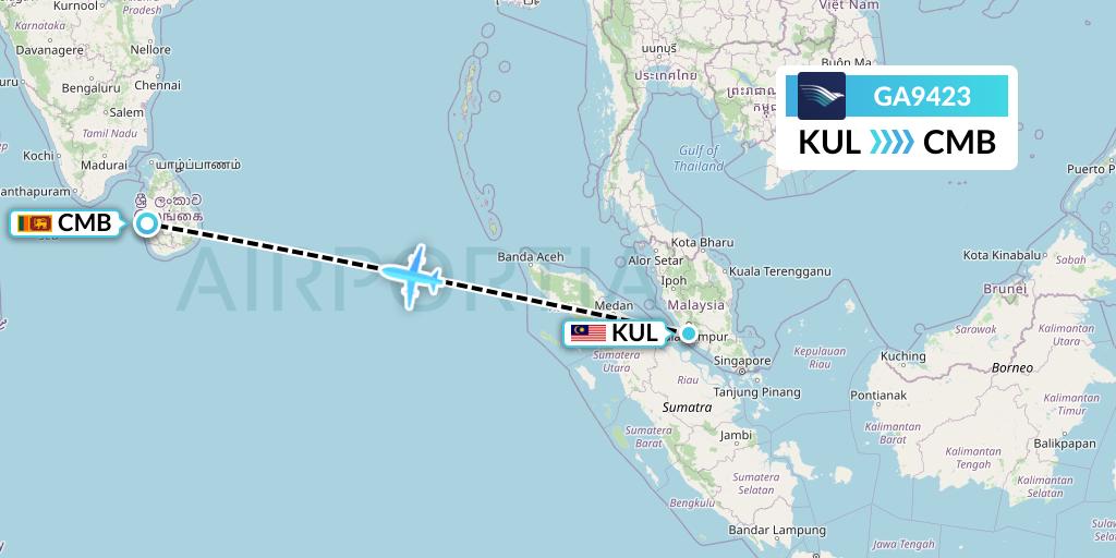 GA9423 Garuda Indonesia Flight Map: Kuala Lumpur to Colombo
