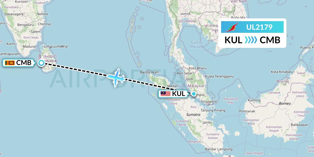 UL2179 SriLankan Airlines Flight Map: Kuala Lumpur to Colombo