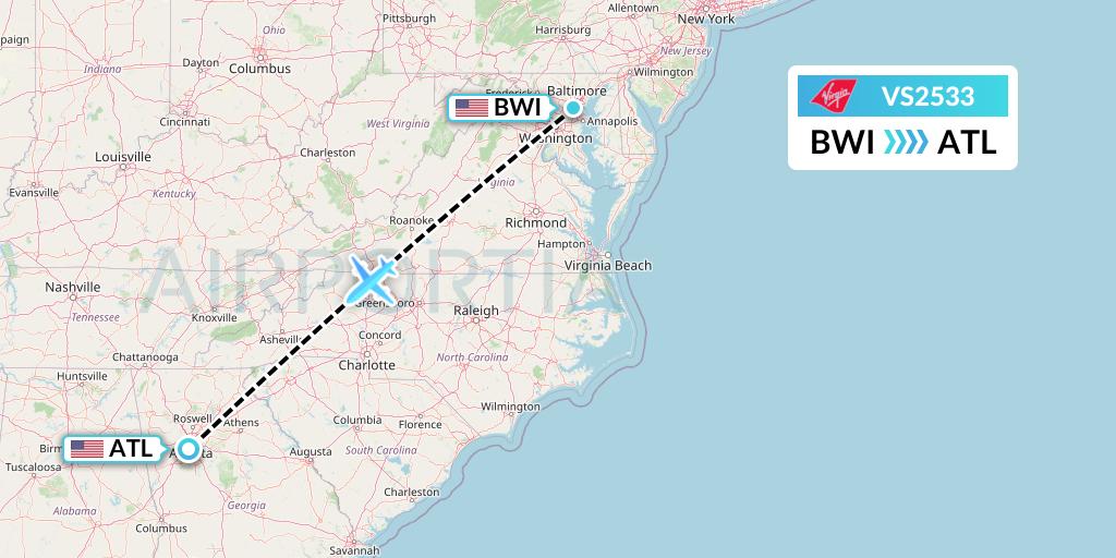 VS2533 Virgin Atlantic Airways Flight Map: Baltimore to Atlanta