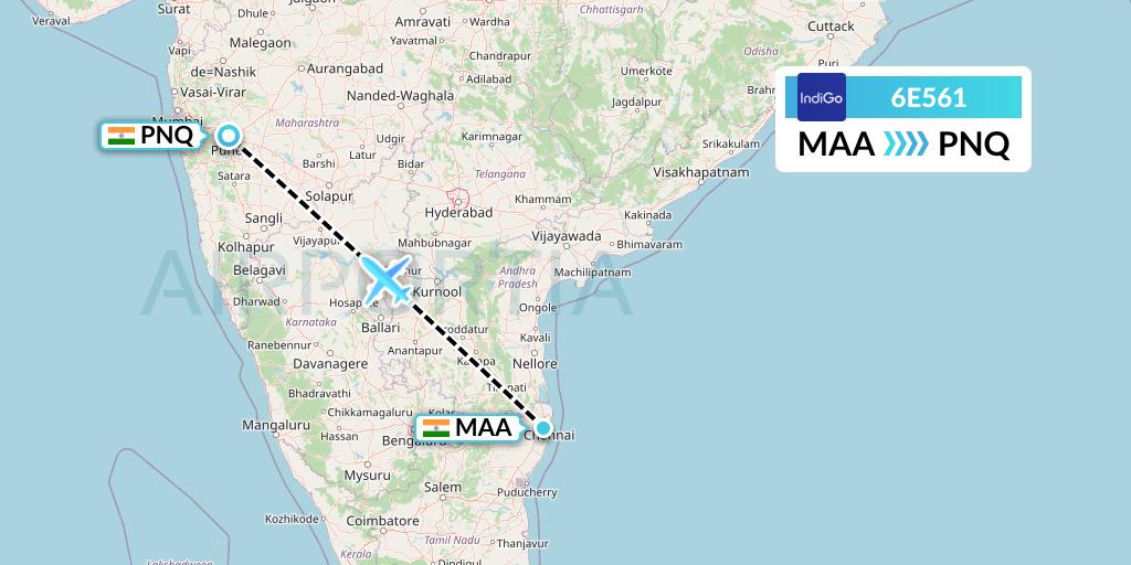 6E561 IndiGo Airlines Flight Map: Chennai to Pune