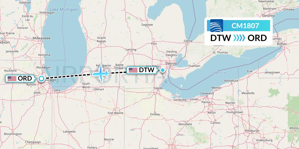 CM1807 Copa Airlines Flight Map: Detroit to Chicago