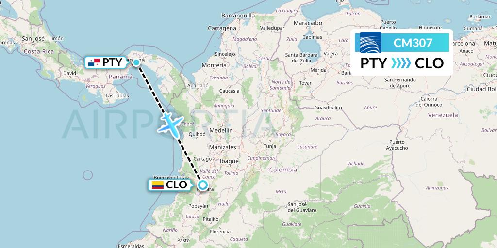 CM307 Copa Airlines Flight Map: Panama City to Cali