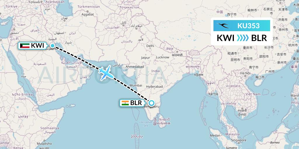 KU353 Kuwait Airways Flight Map: Kuwait City to Bangalore