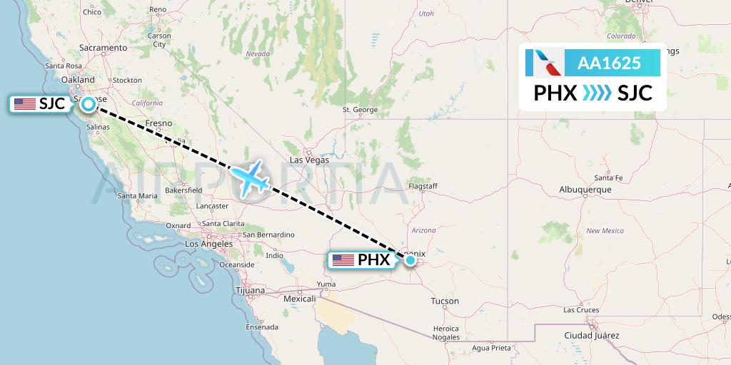 AA1625 American Airlines Flight Map: Phoenix to San Jose