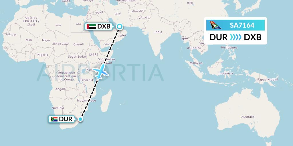 SA7164 South African Airways Flight Map: Durban to Dubai