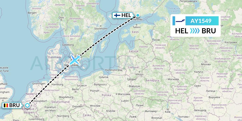 AY1549 Finnair Flight Map: Helsinki to Brussels