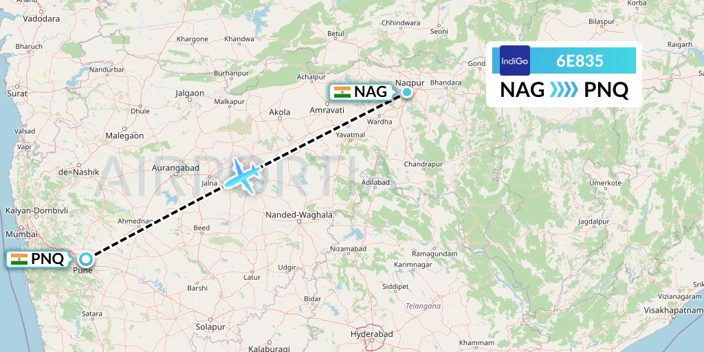 6E835 IndiGo Airlines Flight Map: Nagpur to Pune