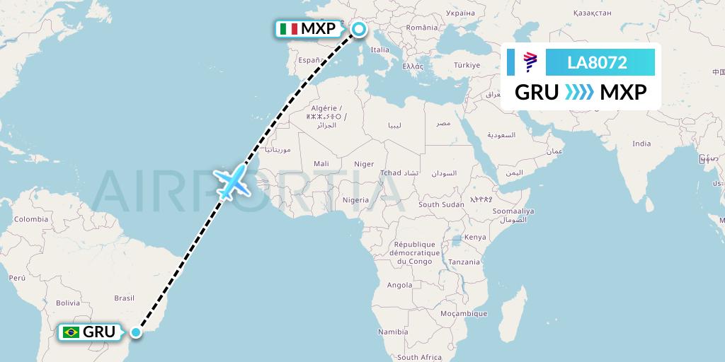 LA8072 LAN Airlines Flight Map: Sao Paulo to Milan
