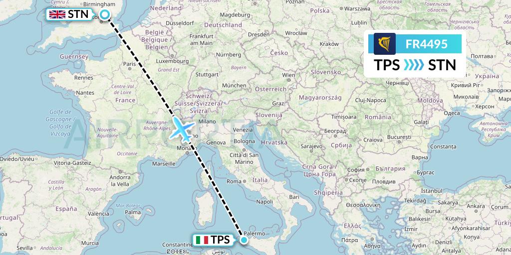 FR4495 Ryanair Flight Map: Trapani to London