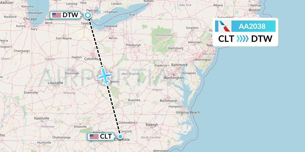 AA2038 American Airlines Flight Map: Charlotte to Detroit