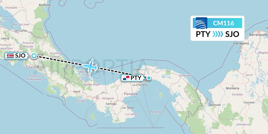 CM116 Copa Airlines Flight Map: Panama City to San Jose