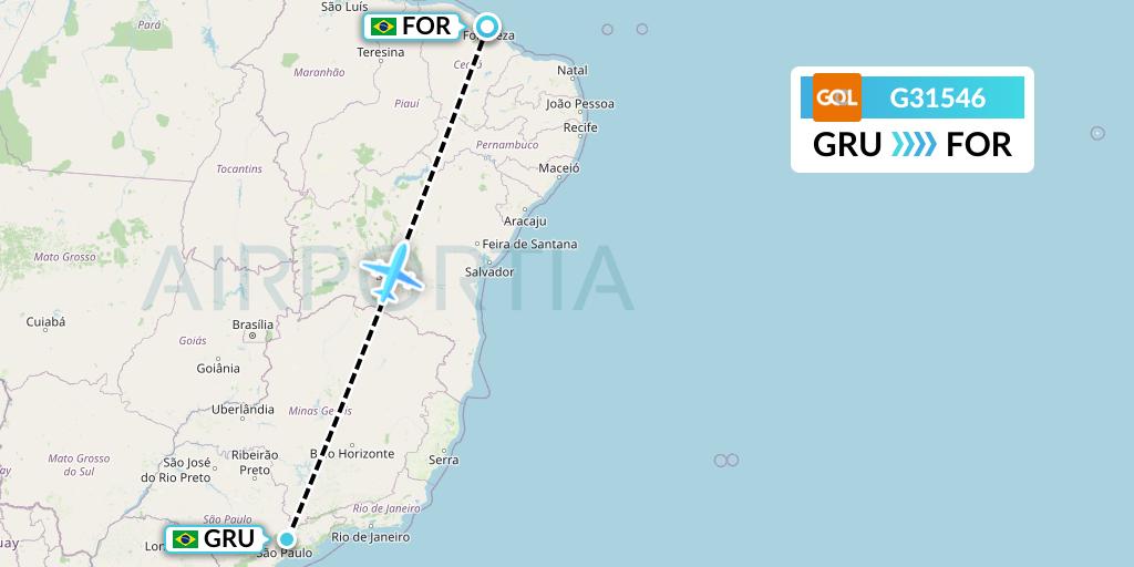 G31546 GOL Transportes Aeros Flight Map: Sao Paulo to Fortaleza