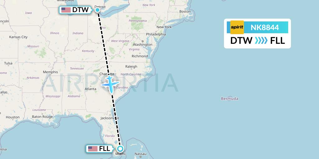 NK8844 Spirit Airlines Flight Map: Detroit to Fort Lauderdale