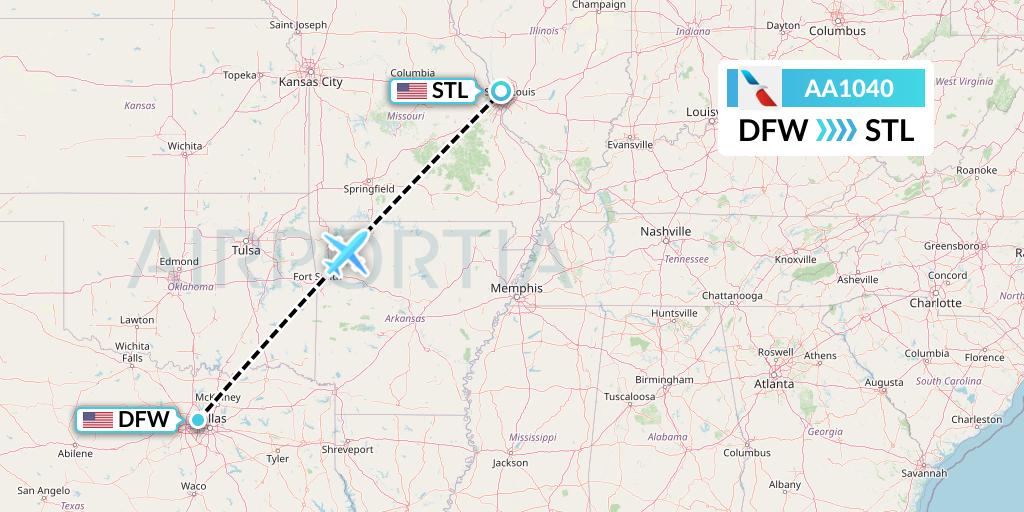 AA1040 American Airlines Flight Map: Dallas to St. Louis