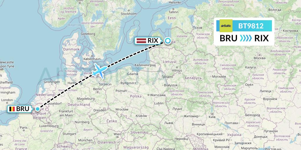 BT9812 Air Baltic Flight Map: Brussels to Riga