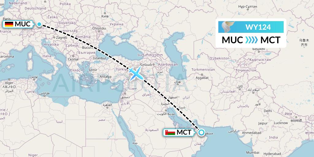 WY124 Oman Air Flight Map: Munich to Muscat