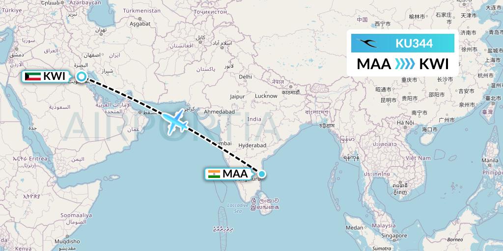 KU344 Kuwait Airways Flight Map: Chennai to Kuwait City